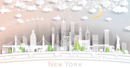 Ilustración de Nueva York, EE.UU. Winter City Skyline en estilo de corte de papel con copos de nieve, luna y guirnalda de neón. Concepto de Navidad y Año Nuevo. Papá Noel en trineo. Paisaje urbano de Nueva York con lugares de interés. - Imagen libre de derechos