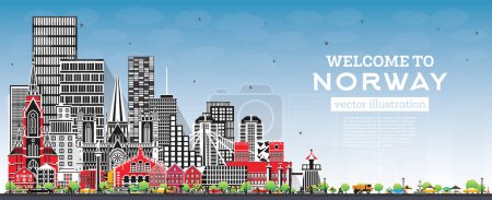 Illustration for Norway city skyline with gray buildings and blue sky. Vector illustration. Concept with historic and modern architecture. Norway cityscape with landmarks. Oslo. Stavanger. Trondheim. Bergen. - Royalty Free Image