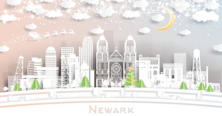 Téléchargez les illustrations : Newark, New Jersey. Winter City Skyline en style Paper Cut avec flocons de neige, lune et guirlande de néons. Noël et Nouvel An Concept. Père Noël en traîneau. Paysage urbain de Newark avec des monuments. - en licence libre de droit