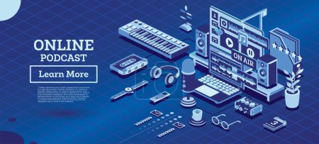 Illustration for Online Podcast or Radio Show. Vector Illustration. Isometric Music Concept. Recording Equipment. Microphone, Laptop, Headphones, Mixer and Midi Keyboard. Audio Blog. - Royalty Free Image