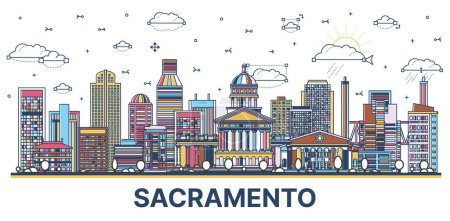 Ilustración de Bosquejo Sacramento Ciudad de California horizonte con edificios modernos e históricos de colores aislados en blanco. Ilustración vectorial. Sacramento USA paisaje urbano con monumentos. - Imagen libre de derechos