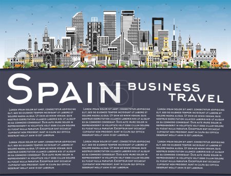 Illustration for Spain City Skyline with Gray Buildings, Blue Sky and Copy Space. Vector Illustration. Modern and Historic Architecture. Spain Cityscape with Landmarks. Madrid. Barcelona. Valencia. Seville. Zaragoza. - Royalty Free Image