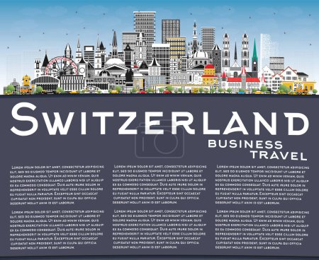 Illustration for Switzerland city skyline with gray buildings, blue sky and copy space. Vector illustration. Modern and historic architecture. Switzerland cityscape with landmarks. Bern. Basel. Zurich. Geneva. - Royalty Free Image