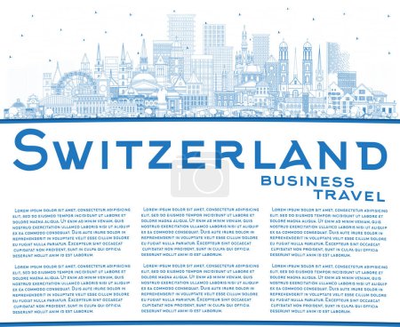 Illustration for Outline Switzerland city skyline with blue buildings and copy space. Vector illustration. Modern and historic architecture. Switzerland cityscape with landmarks. Bern. Basel. Zurich. Geneva. Lugano. - Royalty Free Image