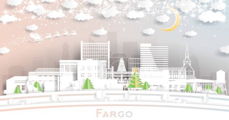 Téléchargez les illustrations : Fargo Dakota du Nord États-Unis. Winter City Skyline en style Paper Cut avec flocons de neige, lune et guirlande de néons. Noël, Nouvel An Concept. Père Noël en traîneau. Paysage urbain de Fargo avec des monuments - en licence libre de droit