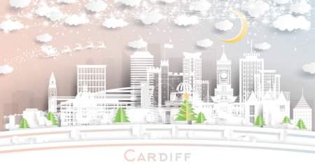 Téléchargez les illustrations : Cardiff Wales. Winter City Skyline en style Paper Cut avec flocons de neige, lune et guirlande de néons. Noël, Nouvel An Concept. Père Noël en traîneau. Paysage urbain de Cardiff avec des monuments - en licence libre de droit