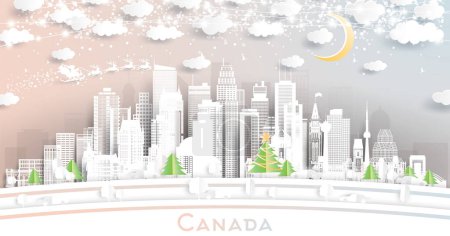 Illustration for Canada. Winter City Skyline in Paper Cut Style with Snowflakes, Moon and Neon Garland. Christmas and New Year Concept. Santa Claus on Sleigh. Canada Cityscape with Landmarks. Ottawa. Toronto. - Royalty Free Image