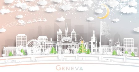 Illustration for Geneva Switzerland. Winter City Skyline in Paper Cut Style with Snowflakes, Moon and Neon Garland. Christmas, New Year Concept. Santa Claus on Sleigh. Geneva Cityscape with Landmarks - Royalty Free Image
