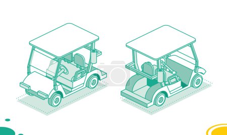 Ilustración de Carro de golf aislado sobre fondo blanco. Isométrico símbolo de coche de golf. Ilustración vectorial. Vista frontal y trasera. - Imagen libre de derechos