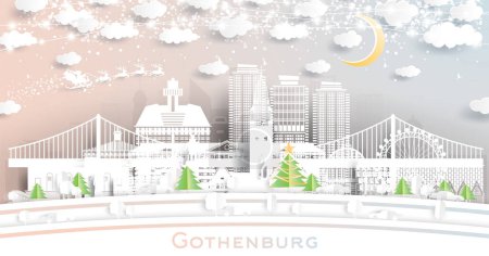 Illustration for Gothenburg Sweden. Winter City Skyline in Paper Cut Style with Snowflakes, Moon and Neon Garland. Christmas, New Year Concept. Santa Claus on Sleigh. Gothenburg Cityscape with Landmarks. - Royalty Free Image