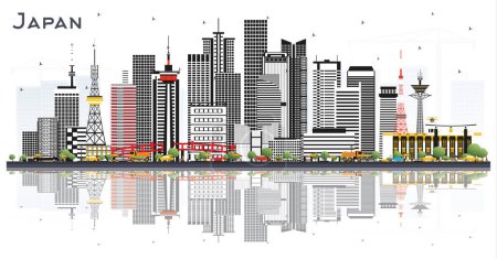 Illustration for Japan City Skyline with Gray Buildings and reflections Isolated on White. Vector Illustration. Tourism Concept with Historic Architecture. Cityscape with Landmarks. Tokyo. Osaka. Nagoya. Nagano. - Royalty Free Image