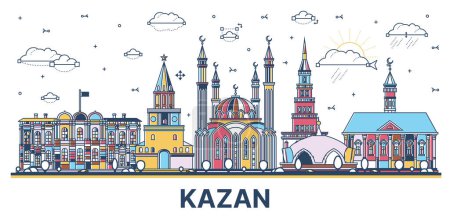 Téléchargez les illustrations : Décrivez Kazan Russie horizon de la ville avec des bâtiments modernes et historiques colorés isolés sur blanc. Illustration vectorielle. Paysage urbain de Kazan avec des monuments. - en licence libre de droit