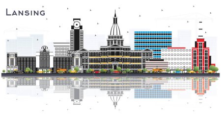 Ilustración de Lansing horizonte de la ciudad de Michigan con edificios de color y reflejos aislados en blanco. Ilustración vectorial. Concepto de viaje de negocios con arquitectura histórica. Paisaje urbano de Lansing USA con hitos. - Imagen libre de derechos