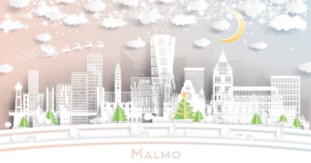 Malmo Sweden. Winter City Skyline in Paper Cut Style with Snowflakes, Moon and Neon Garland. Christmas, New Year Concept. Santa Claus on Sleigh. Malmo Cityscape with Landmarks.