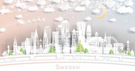 Illustration for Sweden. Winter city skyline in paper cut style with snowflakes, moon and neon garland. Christmas, new year concept. Santa claus on sleigh. Cityscape with landmarks. Stockholm. Malmo. Gothenburg. - Royalty Free Image