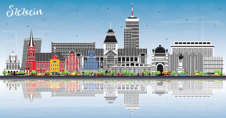 Illustration for Szczecin Poland city skyline with color buildings, blue sky and reflections. Vector illustration. Szczecin cityscape with landmarks. Business travel and tourism concept with historic architecture. - Royalty Free Image