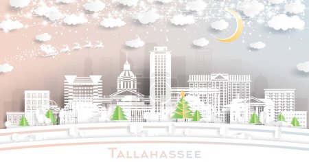 Illustration for Tallahassee Florida. Winter city skyline in paper cut style with snowflakes, moon and neon garland. Christmas, new year concept. Santa Claus on sleigh. Tallahassee USA cityscape with landmarks. - Royalty Free Image