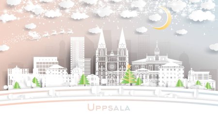 Illustration for Uppsala Sweden. Winter City Skyline in Paper Cut Style with Snowflakes, Moon and Neon Garland. Christmas, New Year Concept. Santa Claus on Sleigh. Uppsala Cityscape with Landmarks. - Royalty Free Image