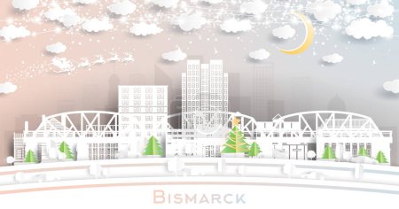 Bismarck Dakota del Norte EE.UU. Winter City Skyline en estilo de corte de papel con copos de nieve, luna y guirnalda de neón. Navidad, Concepto de Año Nuevo. Papá Noel en trineo. Bismarck Paisaje urbano con lugares de interés.