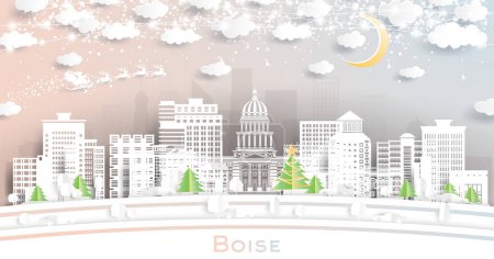 Téléchargez les illustrations : Boise Idaho. skyline de la ville d'hiver dans le style de coupe de papier avec flocons de neige, lune et guirlande de néon. Noël et nouvelle année concept. Père Noël en traîneau. Paysage urbain de Boise USA avec des monuments. - en licence libre de droit