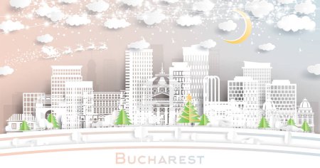 Illustration for Bucharest Romania. Winter city skyline in paper cut style with snowflakes, moon and neon garland. Christmas and new year concept. Santa Claus on sleigh. Bucharest cityscape with landmarks. - Royalty Free Image