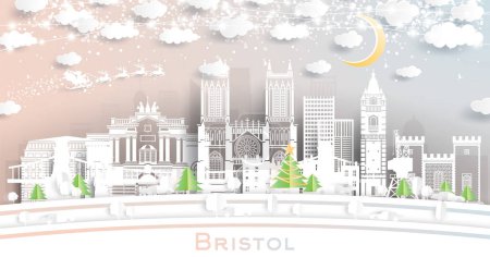 Illustration for Bristol UK. Winter City Skyline in Paper Cut Style with Snowflakes, Moon and Neon Garland. Christmas, New Year Concept. Santa Claus on Sleigh. Bristol England Cityscape with Landmarks. - Royalty Free Image