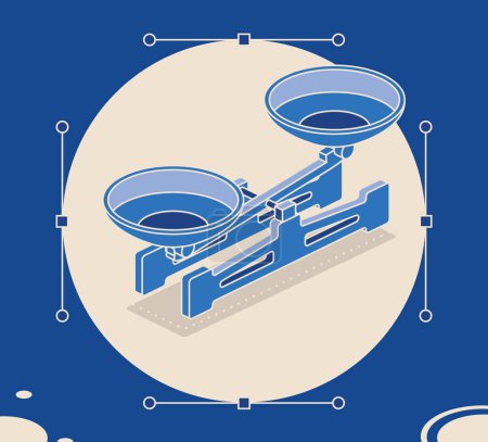 Illustration for Balance Scale with Double Pans. Isometric Laboratory Mechanical Scales. Vector Illustration. Scales with Bowls. 3D Object in Blue Tones. - Royalty Free Image