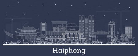 Téléchargez les illustrations : Décrivez Haiphong Vietnam ville skyline avec des bâtiments blancs. Illustration vectorielle. Voyage d'affaires et tourisme concept à l'architecture historique. Paysage urbain de Haiphong avec des monuments. - en licence libre de droit