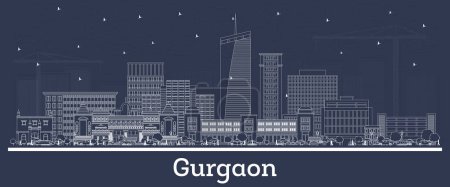Téléchargez les illustrations : Décrivez Gurgaon India city skyline avec des bâtiments blancs. Illustration vectorielle. Voyage d'affaires et tourisme concept à l'architecture historique. Paysage urbain de Gurgaon avec des monuments. - en licence libre de droit
