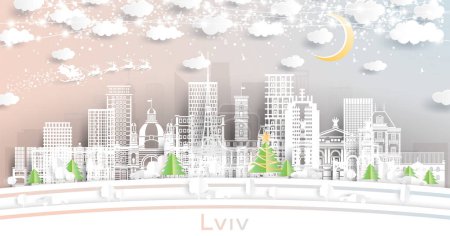 Illustration for Lviv Ukraine. Winter city skyline in paper cut style with snowflakes, moon and neon garland. Christmas and new year concept. Santa Claus on sleigh. Lviv cityscape with landmarks. - Royalty Free Image