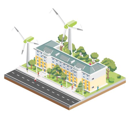 Illustration for Isometric Residential Five Storey Building with Solar Panels with Wind Turbines. Green Eco Friendly House. Infographic Element. Vector Illustration. City Architecture Isolated on White Background. - Royalty Free Image