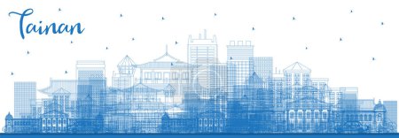 Illustration for Outline Tainan Taiwan City Skyline with Blue Buildings. Vector Illustration. Business Travel and Tourism Concept with Historic Architecture. Tainan Cityscape with Landmarks. - Royalty Free Image