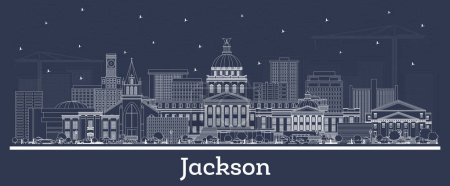 Téléchargez les illustrations : Décrivez Jackson Mississippi ville skyline avec des bâtiments blancs. Illustration vectorielle. Voyage d'affaires et tourisme concept à l'architecture historique. Jackson USA paysage urbain avec des points de repère. - en licence libre de droit