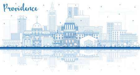 Illustration for Outline Providence Rhode Island City Skyline with Blue Buildings and reflections. Vector Illustration. Providence USA Cityscape with Landmarks. Travel and Tourism Concept with Modern Architecture. - Royalty Free Image