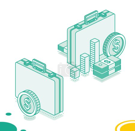Illustration for Business briefcase with columns, dollar coin and stack of dollars. Isometric outline concept. Vector illustration. 3d objects. - Royalty Free Image