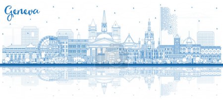 Illustration for Outline Geneva Switzerland City Skyline with Blue Buildings and reflections. Vector Illustration. Geneva Cityscape with Landmarks. Business Travel and Tourism Concept with Historic Architecture. - Royalty Free Image