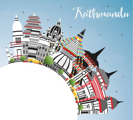 Ilustración de Kathmandu Nepal City Skyline con edificios a color, cielo azul y espacio de copia. Ilustración vectorial. Paisaje urbano de Katmandú con monumentos. Concepto de viajes de negocios y turismo con arquitectura histórica. - Imagen libre de derechos