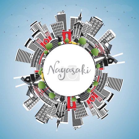 Téléchargez les illustrations : Nagasaki Japan City Skyline avec bâtiments couleur, ciel bleu et espace de copie. Illustration vectorielle. Paysage urbain de Nagasaki avec des monuments. Voyages d'affaires et tourisme Concept avec architecture historique. - en licence libre de droit