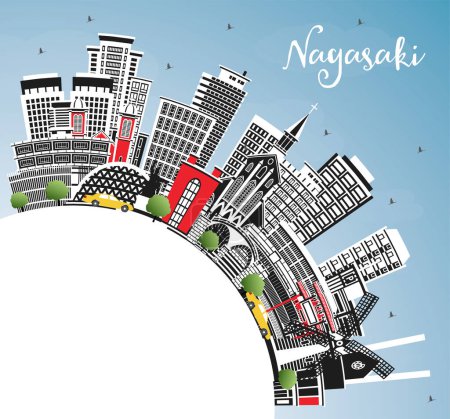 Illustration for Nagasaki Japan City Skyline with Color Buildings, Blue Sky and Copy Space. Vector Illustration. Nagasaki Cityscape with Landmarks. Business Travel and Tourism Concept with Historic Architecture. - Royalty Free Image