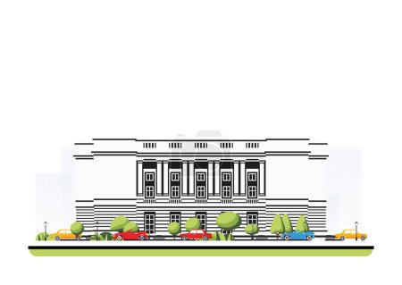 Illustration for Opera building with columns in flat style with trees and cars. Vector illustration. City scene isolated on white background. Urban architecture. Theater building. - Royalty Free Image