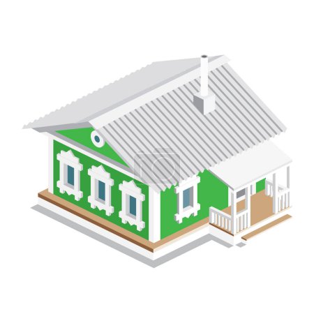 Illustration for Isometric old russian rural house. Green building isolated on white background. Traditional authentic architectural style. Vector illustration. - Royalty Free Image