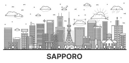 Téléchargez les illustrations : Décrivez Sapporo Japan city skyline avec des bâtiments modernes et historiques isolés sur blanc. Illustration vectorielle. Paysage urbain de Sapporo avec des monuments. - en licence libre de droit
