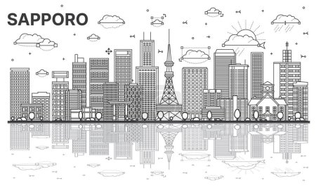Téléchargez les illustrations : Décrivez Sapporo Japan city skyline avec des bâtiments modernes et historiques et des reflets isolés sur le blanc. Illustration vectorielle. Paysage urbain de Sapporo avec des monuments. - en licence libre de droit