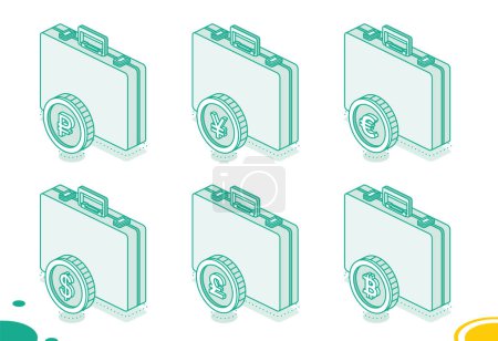 Illustration for Business briefcase with dollar, euro, pound, ruble, yen and bitcoin coins. Isometric outline concept. Vector illustration. 3d objects. - Royalty Free Image