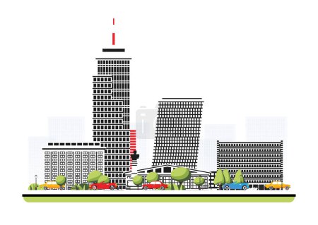 Illustration for Business city district with skyscraper in flat style with trees. Vector illustration. City scene isolated on white background. Urban architecture. Modern european architecture. Downtown street. - Royalty Free Image