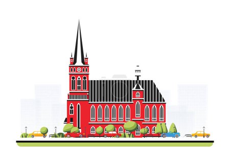 Illustration for Old red cathedral building in flat style with trees and cars. Vector illustration. City scene isolated on white background. Urban architecture. Medieval church. - Royalty Free Image