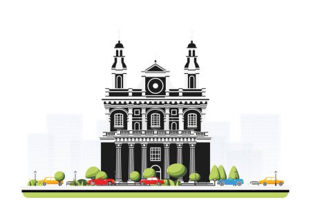 Illustration for Old cathedral building in flat style with trees and cars. Vector illustration. City scene isolated on white background. Urban architecture. Medieval church. - Royalty Free Image
