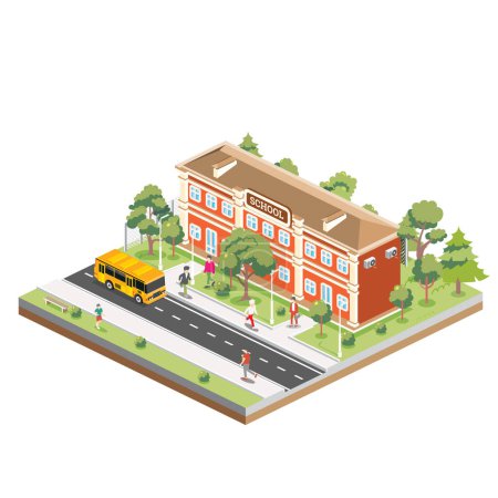 Illustration for Isometric school building with yellow bus isolated on white background. Vector illustration. Trees and road. Man goes to the school. - Royalty Free Image