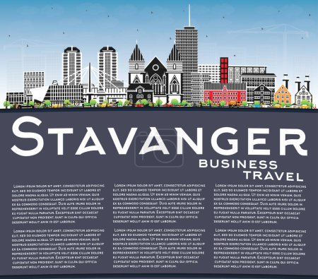 Illustration for Stavanger Norway city skyline with color buildings, blue sky and copy space. Vector illustration. Stavanger cityscape with landmarks. Business travel and tourism concept with historic architecture. - Royalty Free Image