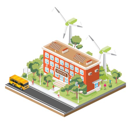 Illustration for Isometric School Building with Solar Panels and Wind Turbine Isolated on White Background. Vector Illustration. Trees and Road. Man Goes to the School. Ecology Concept. - Royalty Free Image